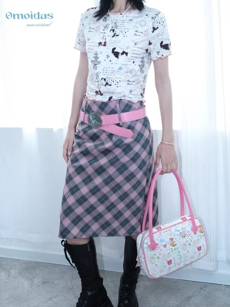 美式復古灰格紋高腰中長裙 四季可穿