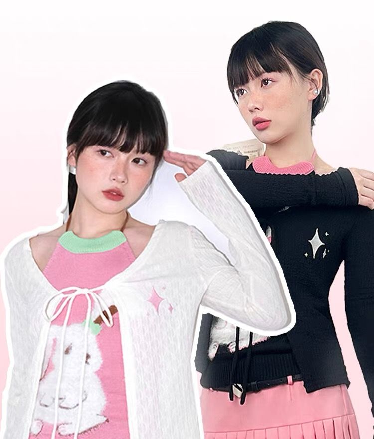 三色星星刺繡系帶針織小開衫 黑白粉