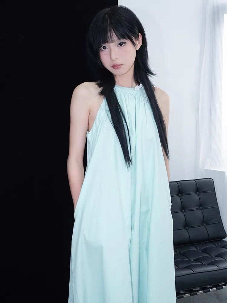 薄霧淺藍綠水晶新中式掛脖裙 盤扣可拆