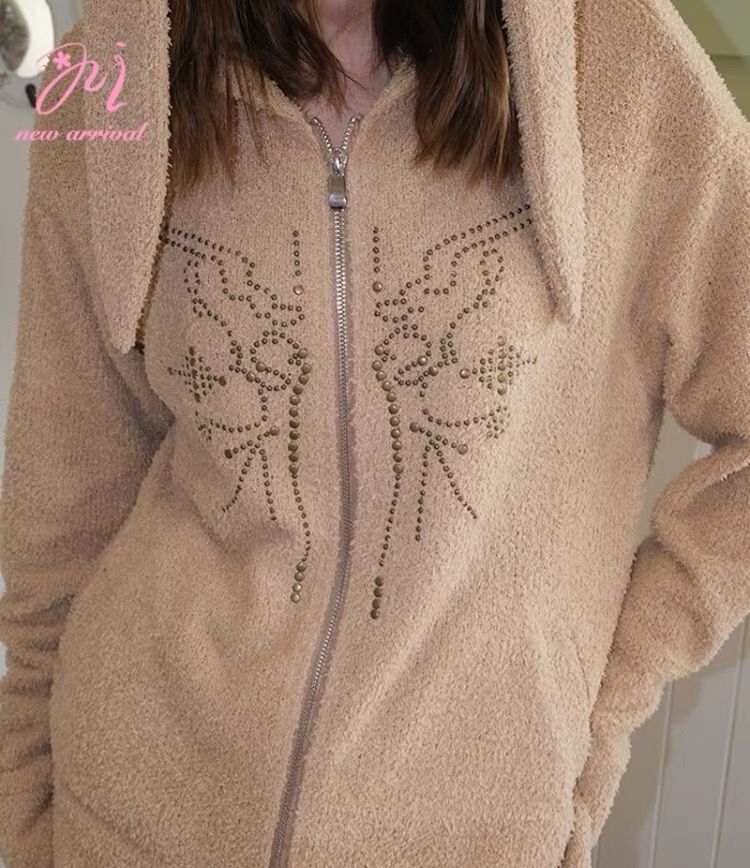 叛逆兔鉚釘y2k毛絨美拉德外套 耳朵可拆卸