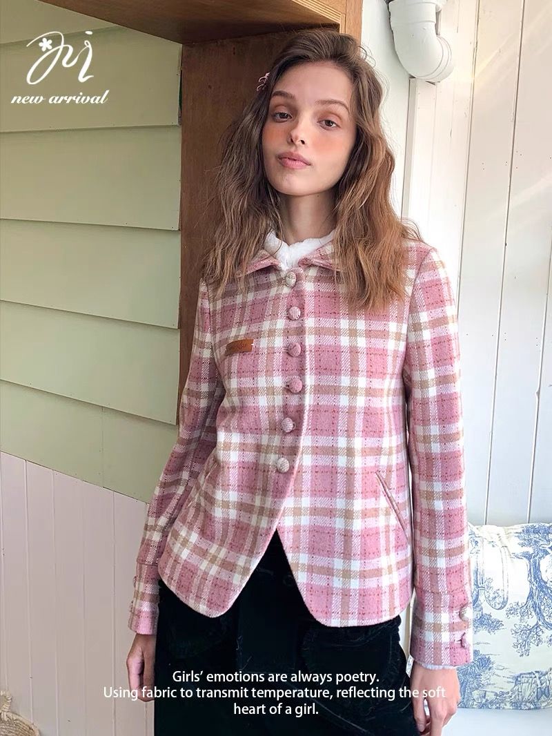 柏林之書復古格紋羊毛呢學院外套