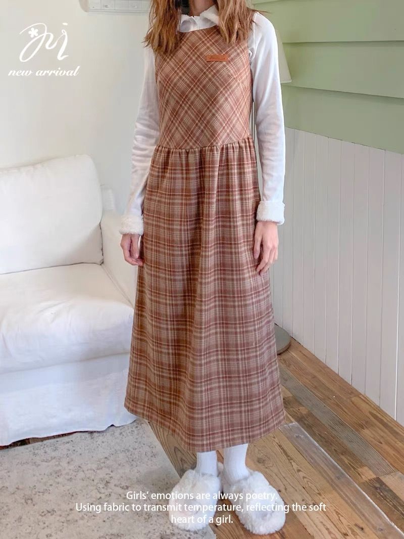 復古格紋毛呢背心長裙 2色