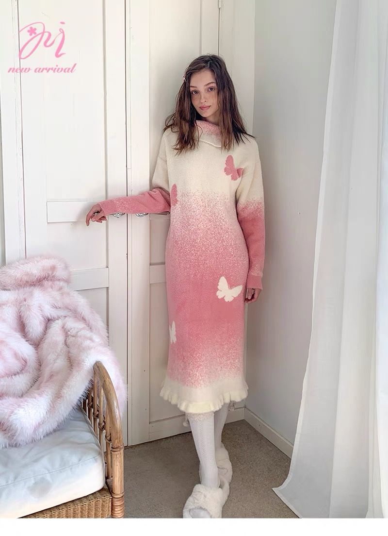 蝴蝶落日粉白漸變軟糯毛衣長裙