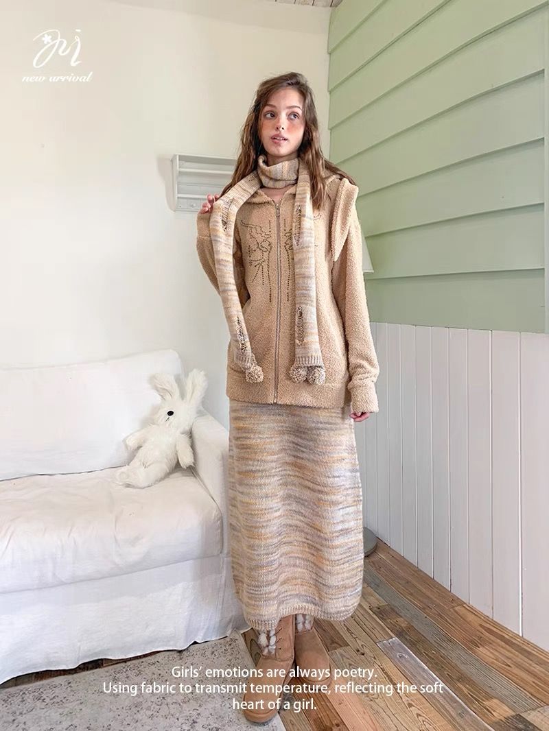 美拉德棕復古針織半身裙＆圍巾