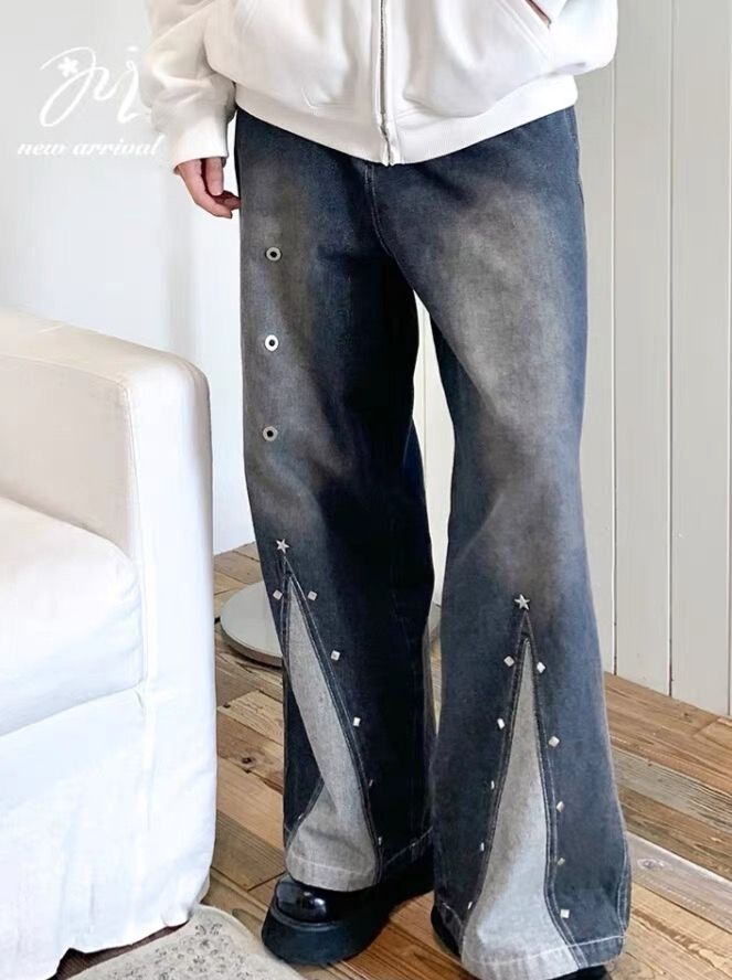 寥星超重工星星鉚釘復古槍灰牛仔褲