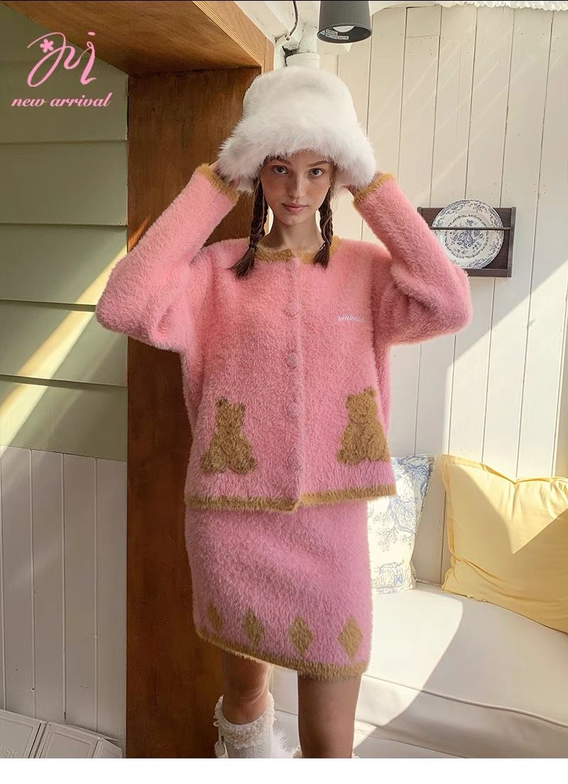 毛絨小熊的禮物仿貂絨外套/半裙套裝