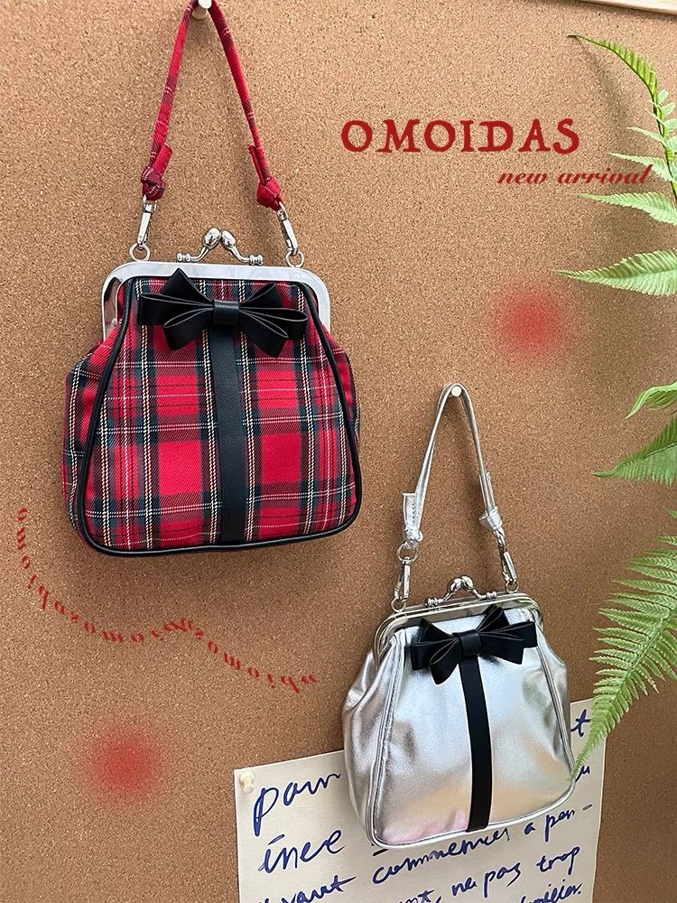 莉絲的獻禮蝴蝶結 銀/白/紅格 斜挎手提口金包