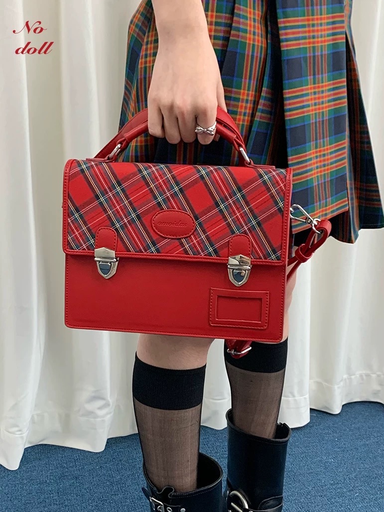 英倫格紋學院風雙肩包 可單肩斜挎多用