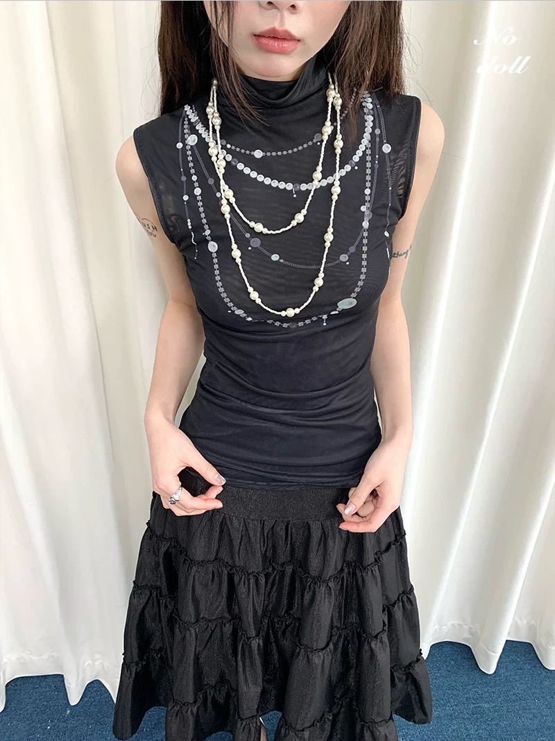 項鍊印花雙層網紗彈力背心