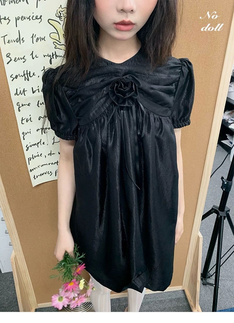 無人區玫瑰 黑泡泡袖法式公主蓬蓬連衣裙 抽褶可調節