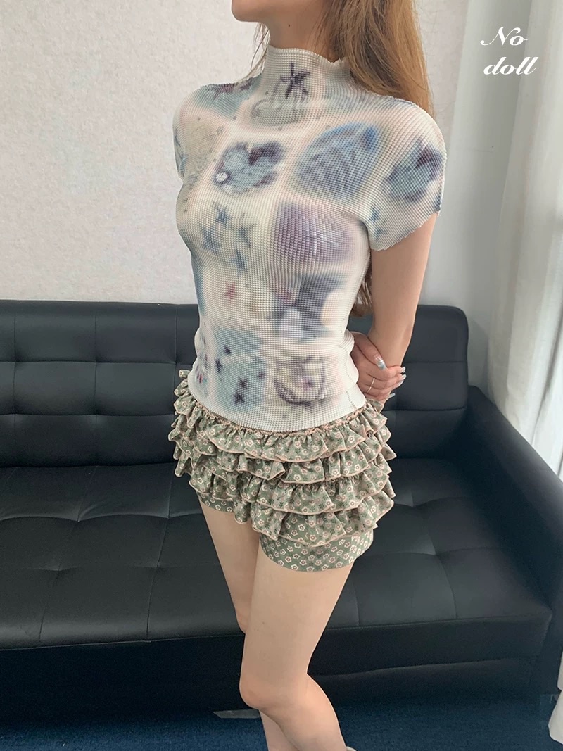 海洋生物貝殼夢幻甜辣彈力壓褶衫