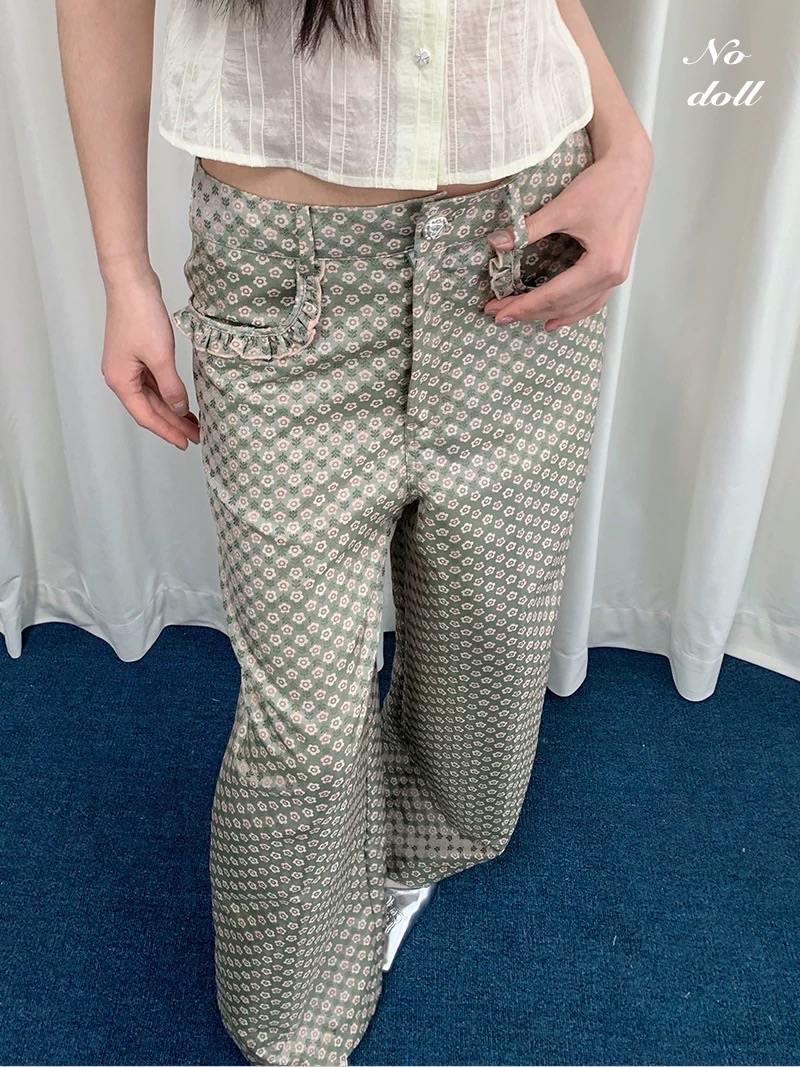 輕法式粉綠色提花花邊闊腿褲 光澤感