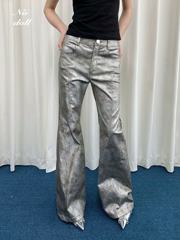 光澤感做舊銀皮褲彈力喇叭褲 顯腿長