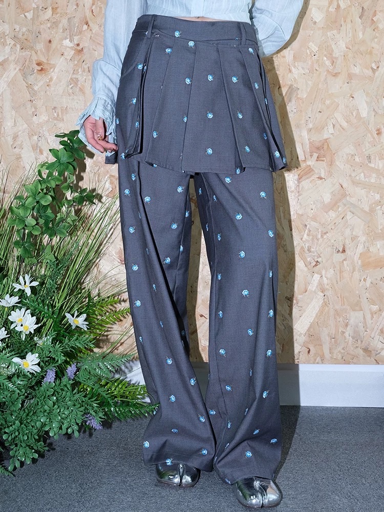 藍色小花刺繡西裝闊腿褲 裙擺可拆卸