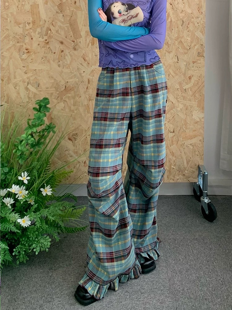 諾丁海霧霾藍格紋闊腿花邊褲