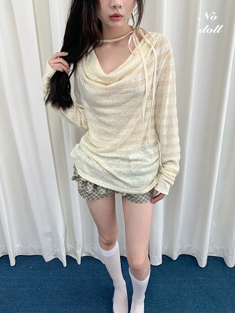 淡黃色玫瑰暗紋蕩領系帶透長袖