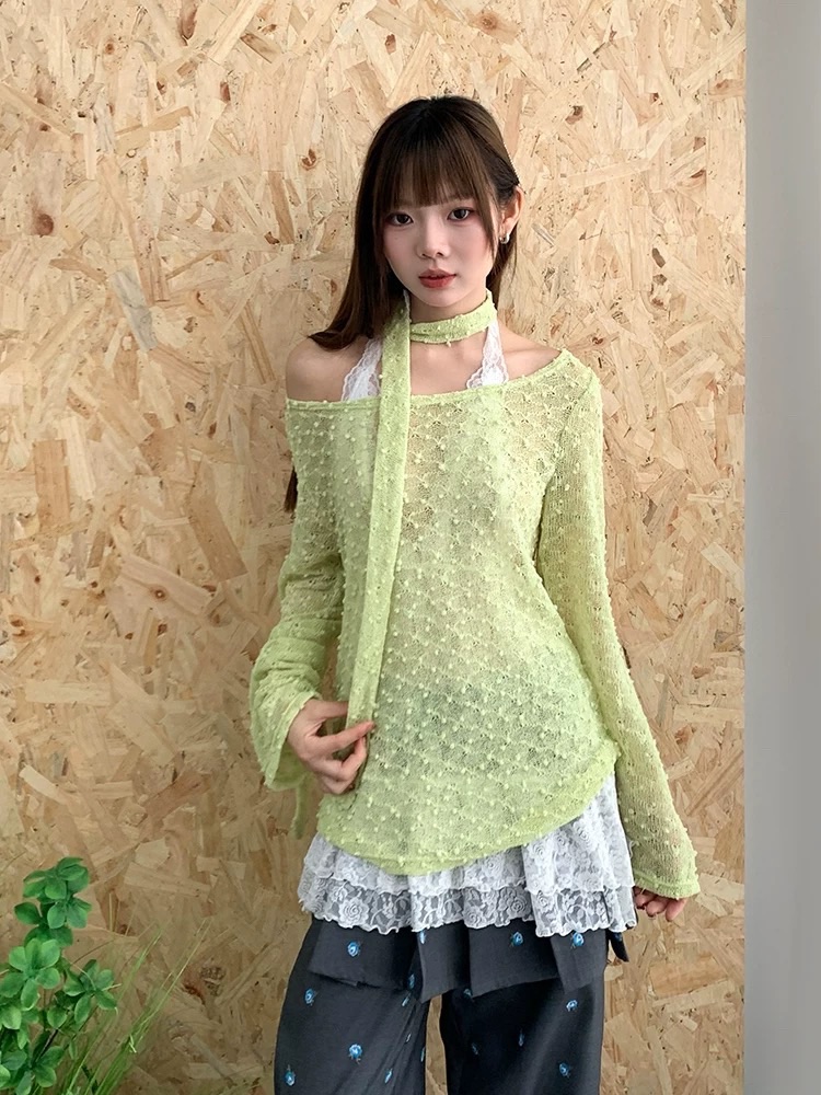 New ✧˖° 抹茶肌理鏤空一字肩斜肩 多穿贈細圍巾