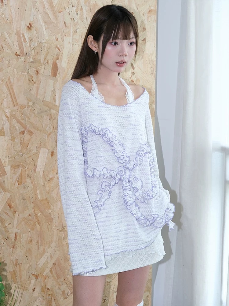 白紫蝴蝶結長袖 一字領斜肩多穿