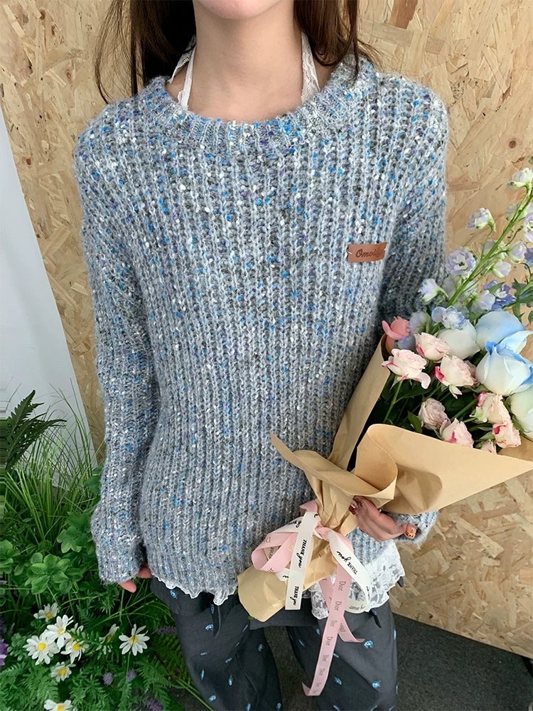 灰雜點粗針皮標毛衣