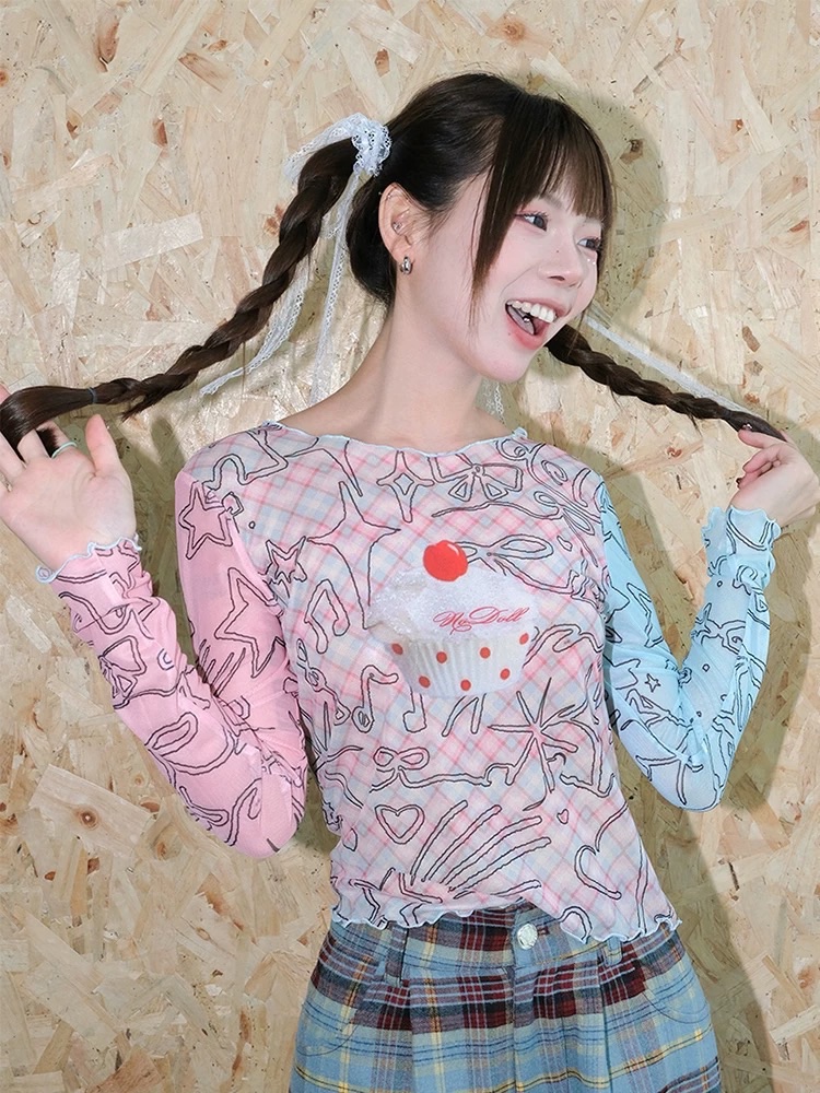 甜莓蔓波 粉藍撞色網紗長袖