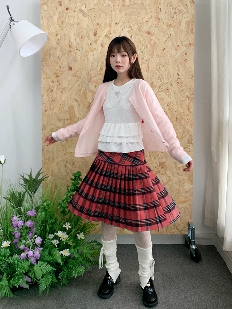 吉普賽玫瑰 粉黑格紋百褶半身裙