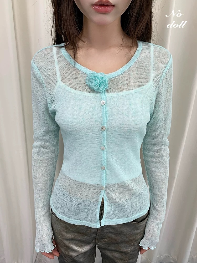 薄荷藍白黑三色玫瑰軟糯彈力開衫透氣 防曬小外套