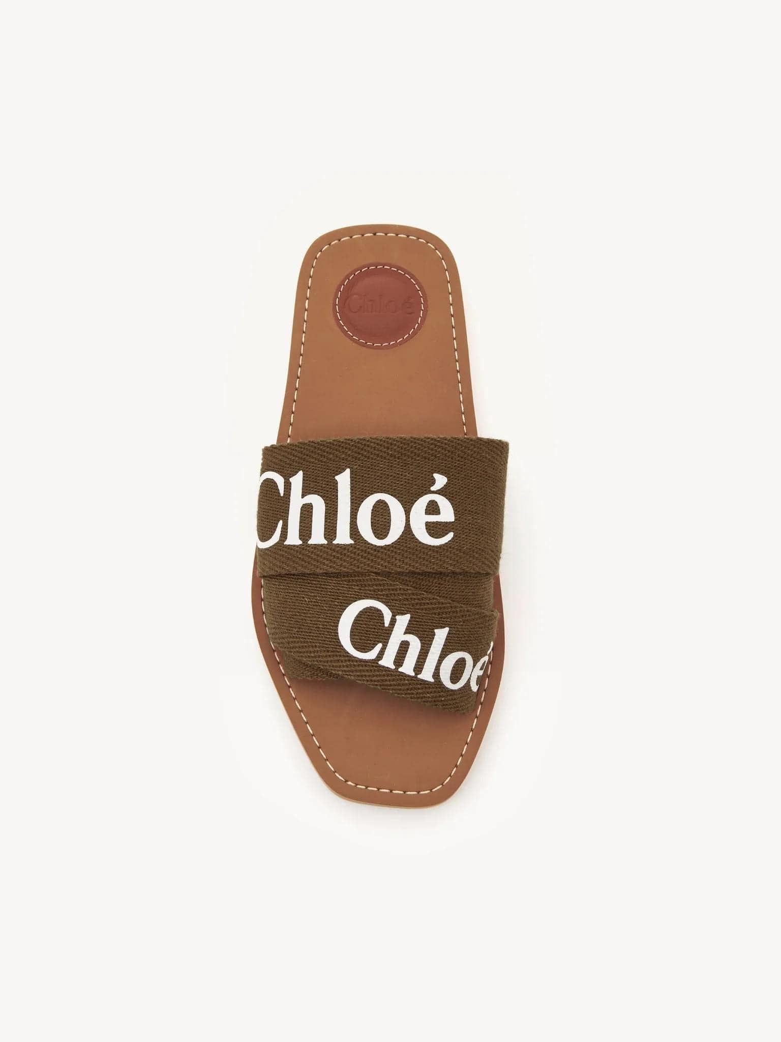 Chloé 蔻依 Woody Flat Mule Logo棉質織布平底穆勒拖鞋 棕綠/36碼