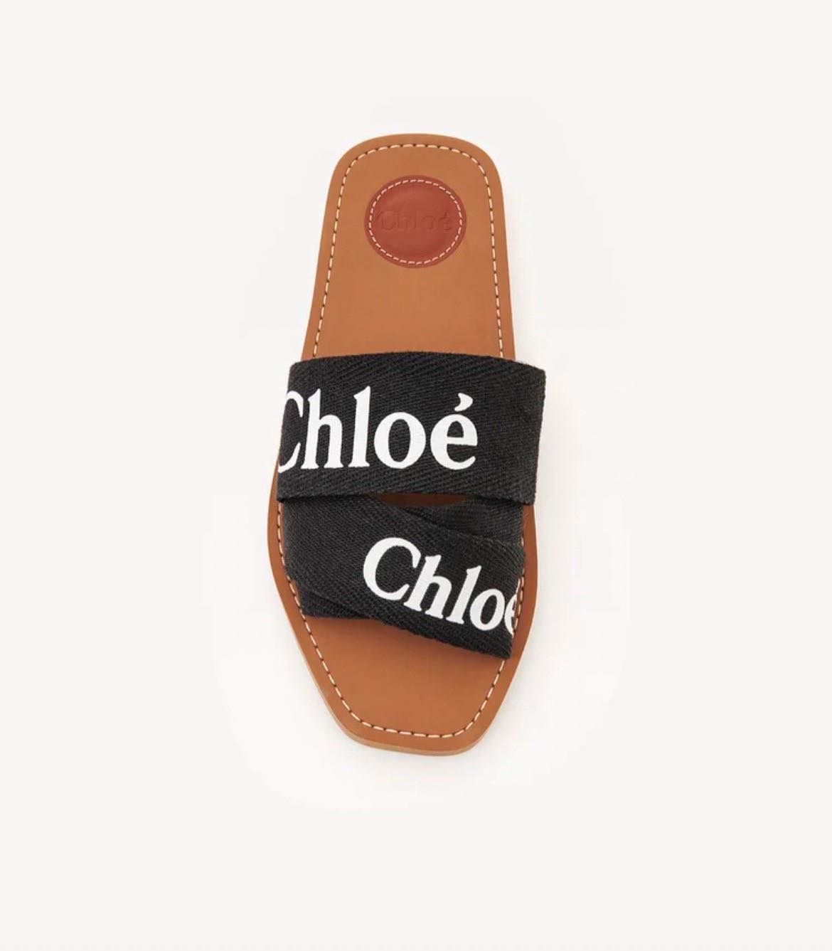 特價Chloé 蔻依 Woody Flat Mule Logo棉質織布平底穆勒拖鞋 黑色/35碼