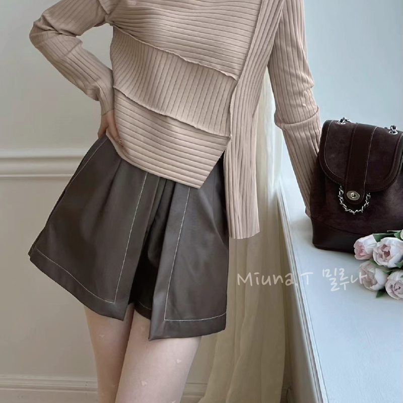 💕韓國BOLD 皮革開衩車線褲裙