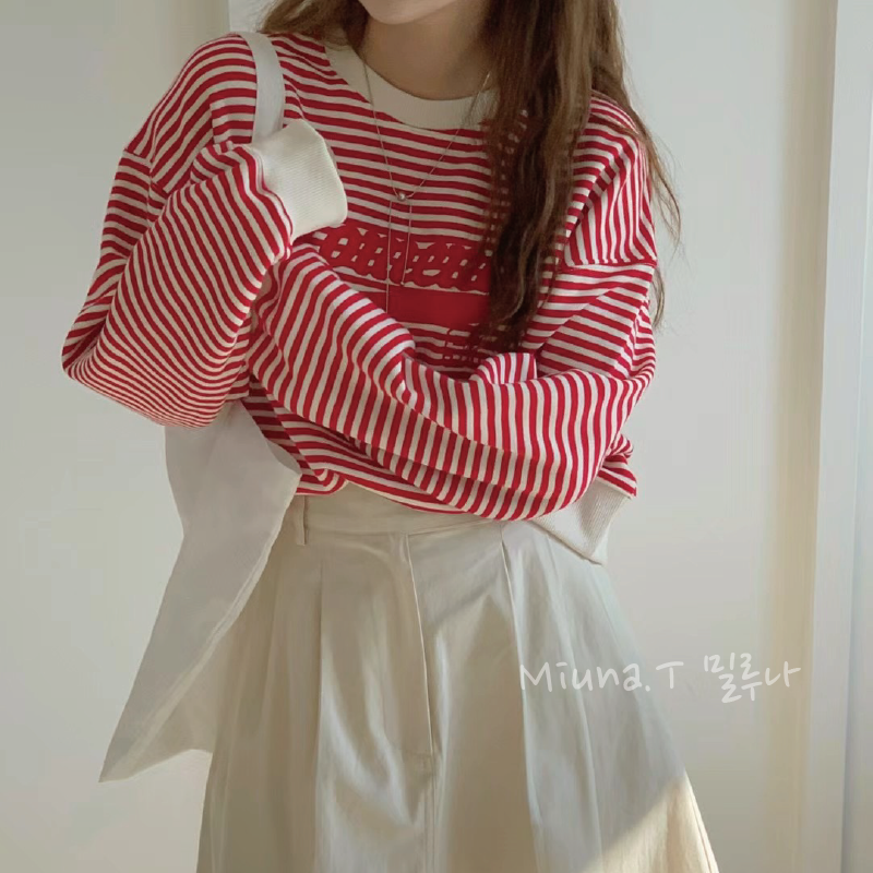 ✨Sale ❤️韓國Our moment 落肩條紋大學T