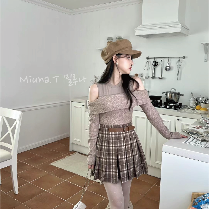 💫韓國BOLD 格紋皮帶百褶褲裙