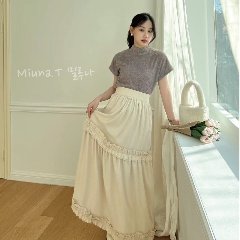 💕韓國BOLD 純色高腰木耳邊長裙