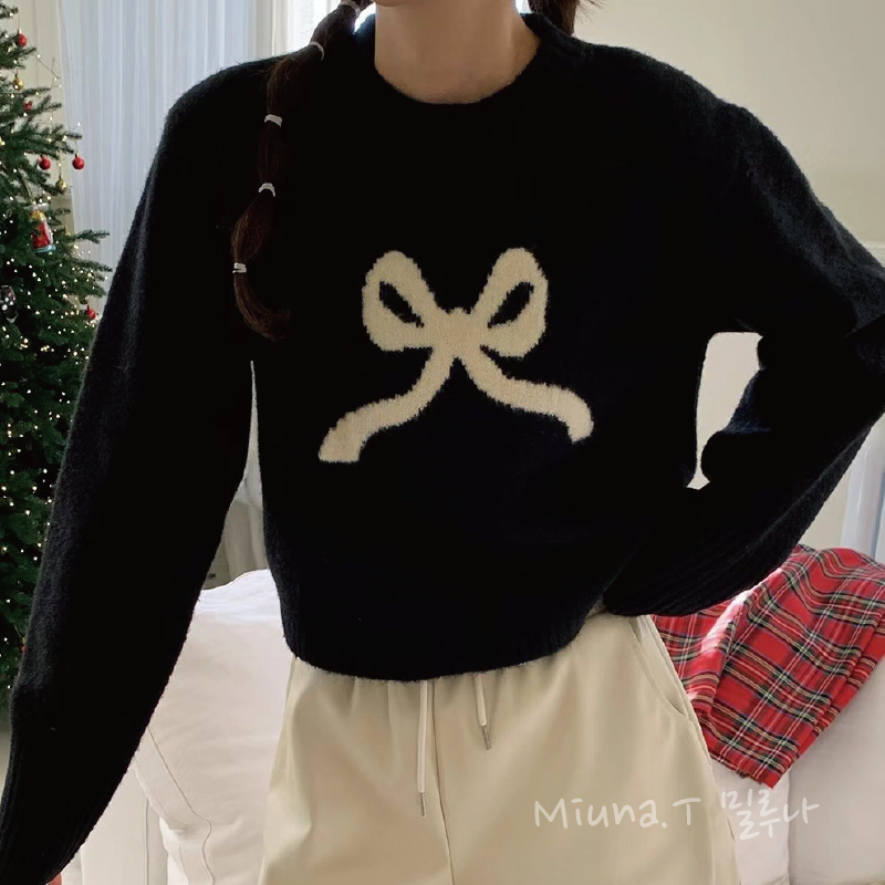 🎀韓國morethan 蝴蝶結短版羊毛針織毛衣
