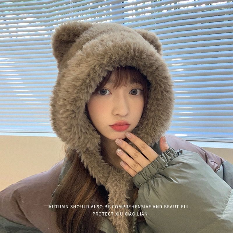 冬季小熊毛絨韓版潮百搭防風加絨加厚護耳帽