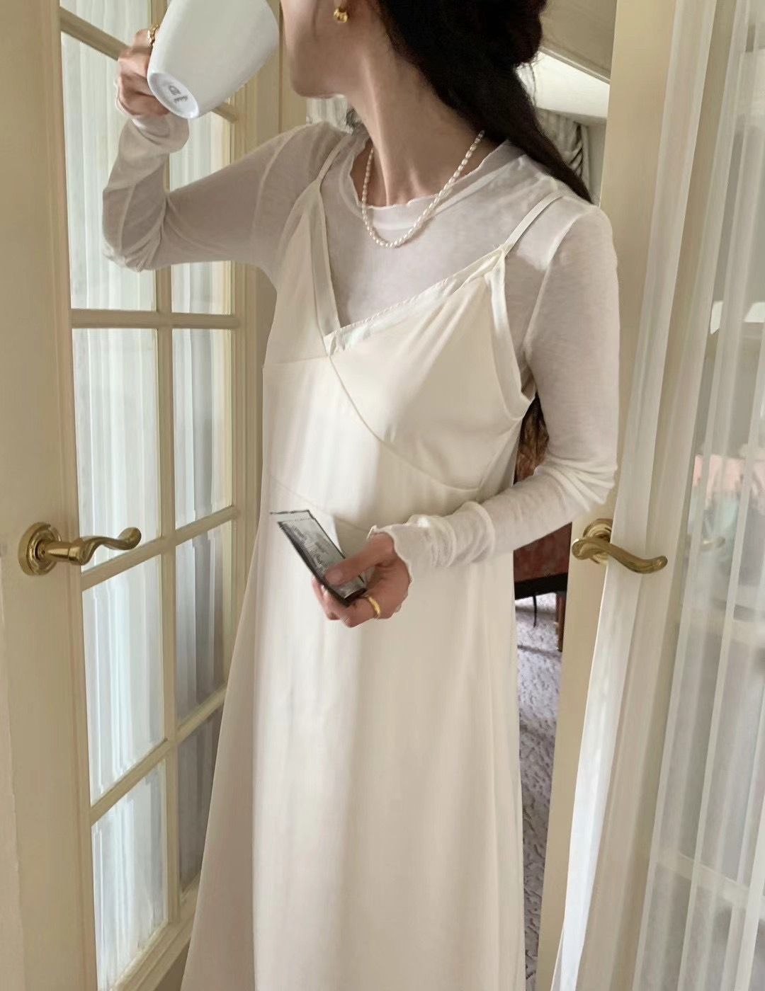 正韓現貨 巴黎鐵塔的約會 浪漫女人拼接紡紗吊帶洋裝