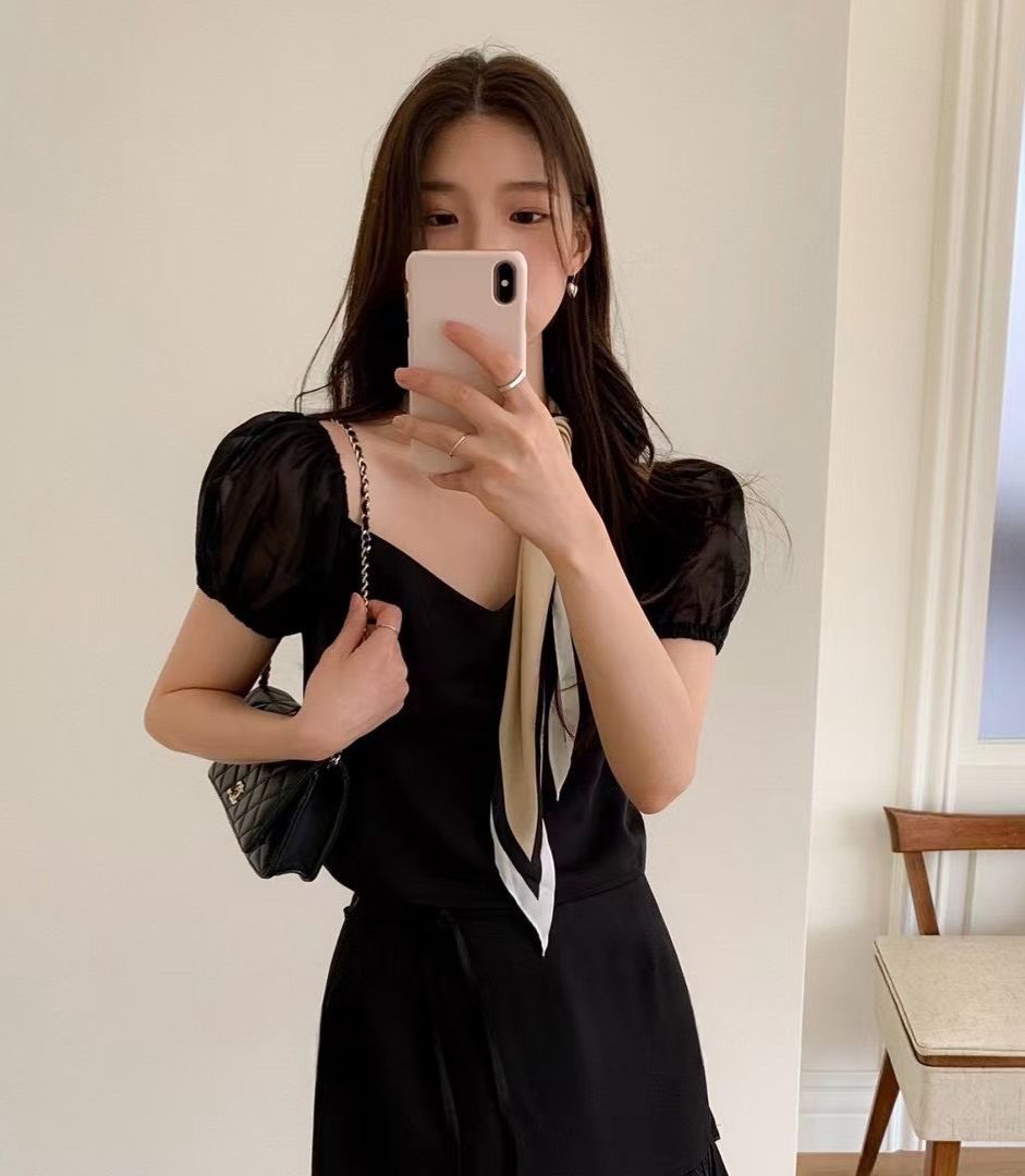 正韓現貨 時髦凱特琳 法式甜美拼接泡泡袖blouse