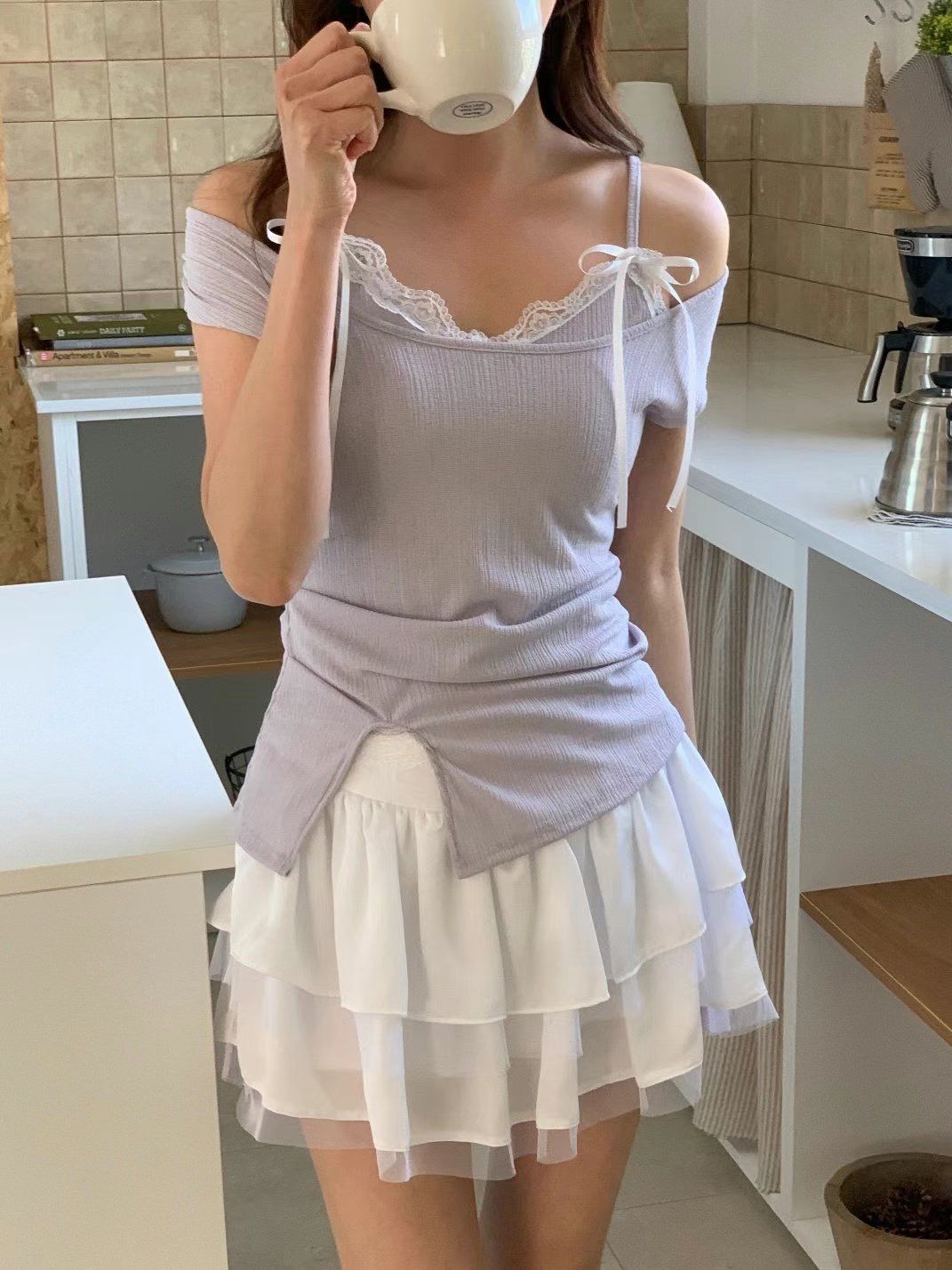 正韓現貨 純慾少女蕾絲綁帶吊帶套裝