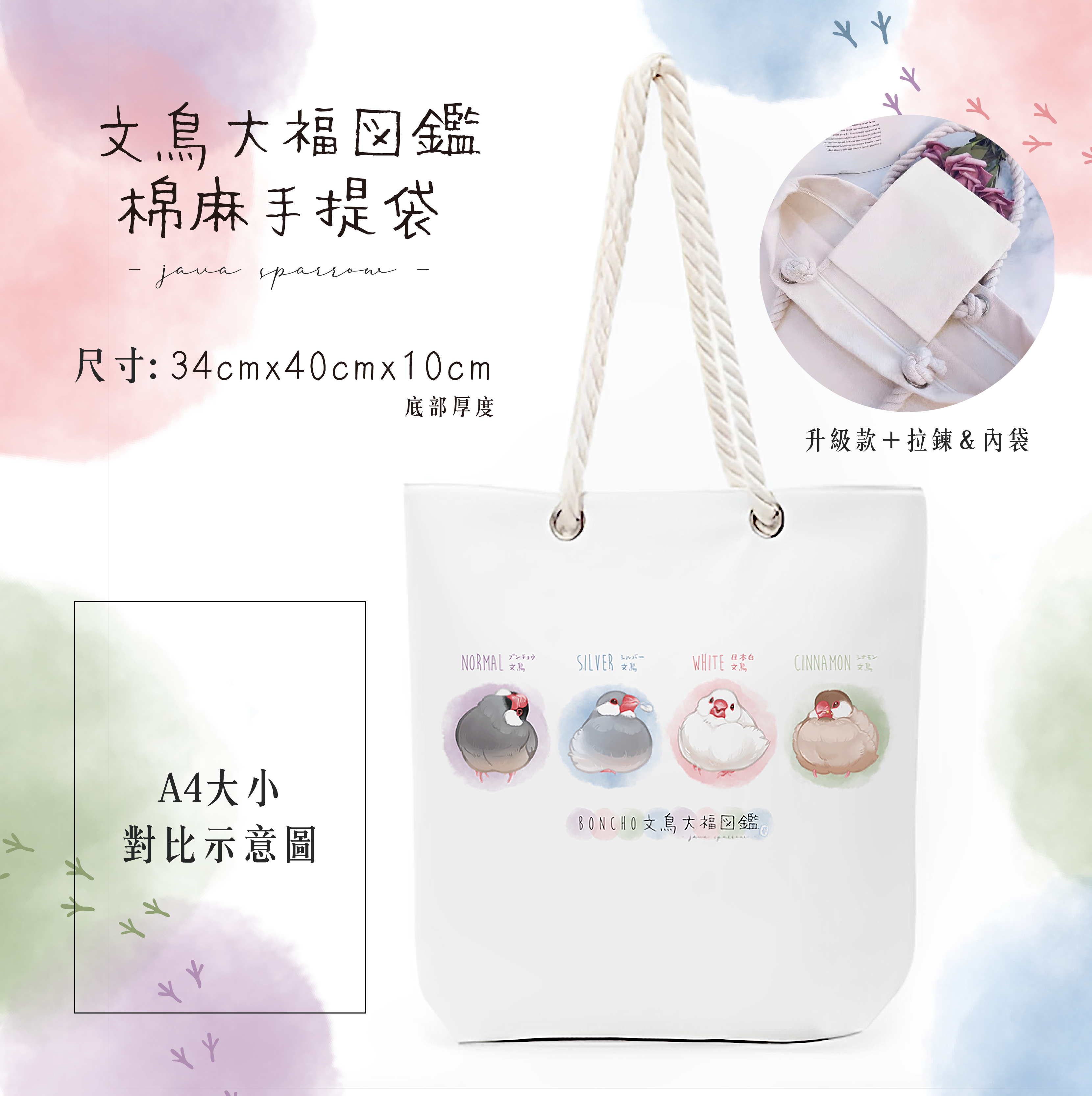 ✦ 文鳥大福圖鑑 麻繩帆布手提袋 ✦