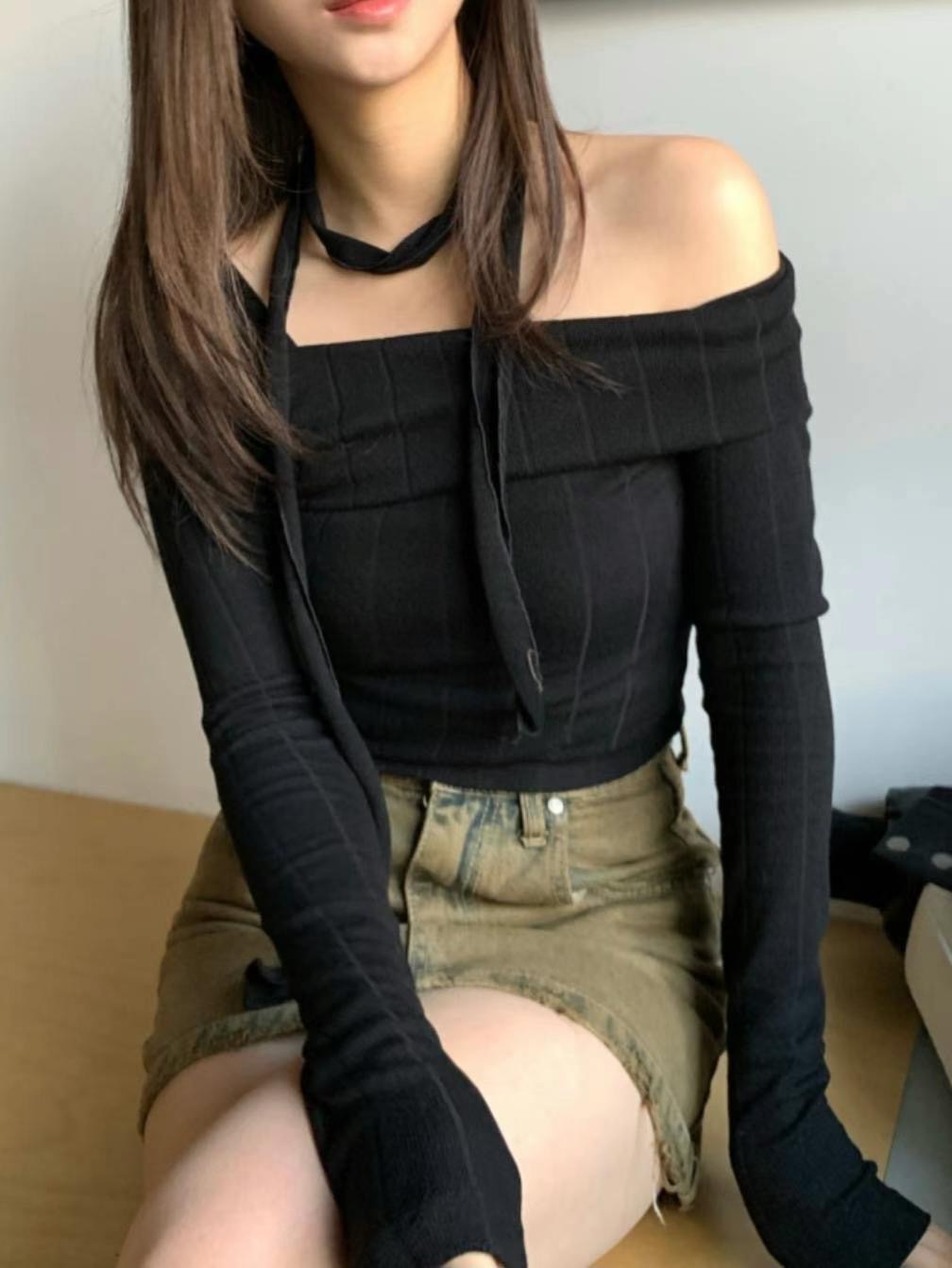 🇰🇷超彈性辣妹風斜肩上衣