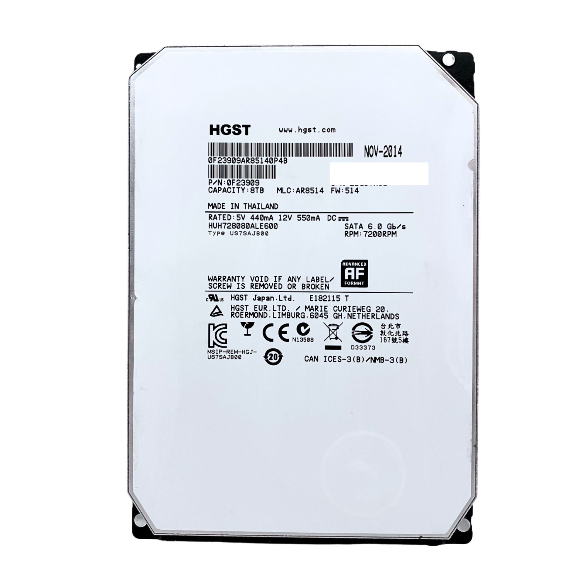 HGST 8TB SATA HUH728080ALE600 企業級硬碟 低通電時間 健康度100% 二手良品