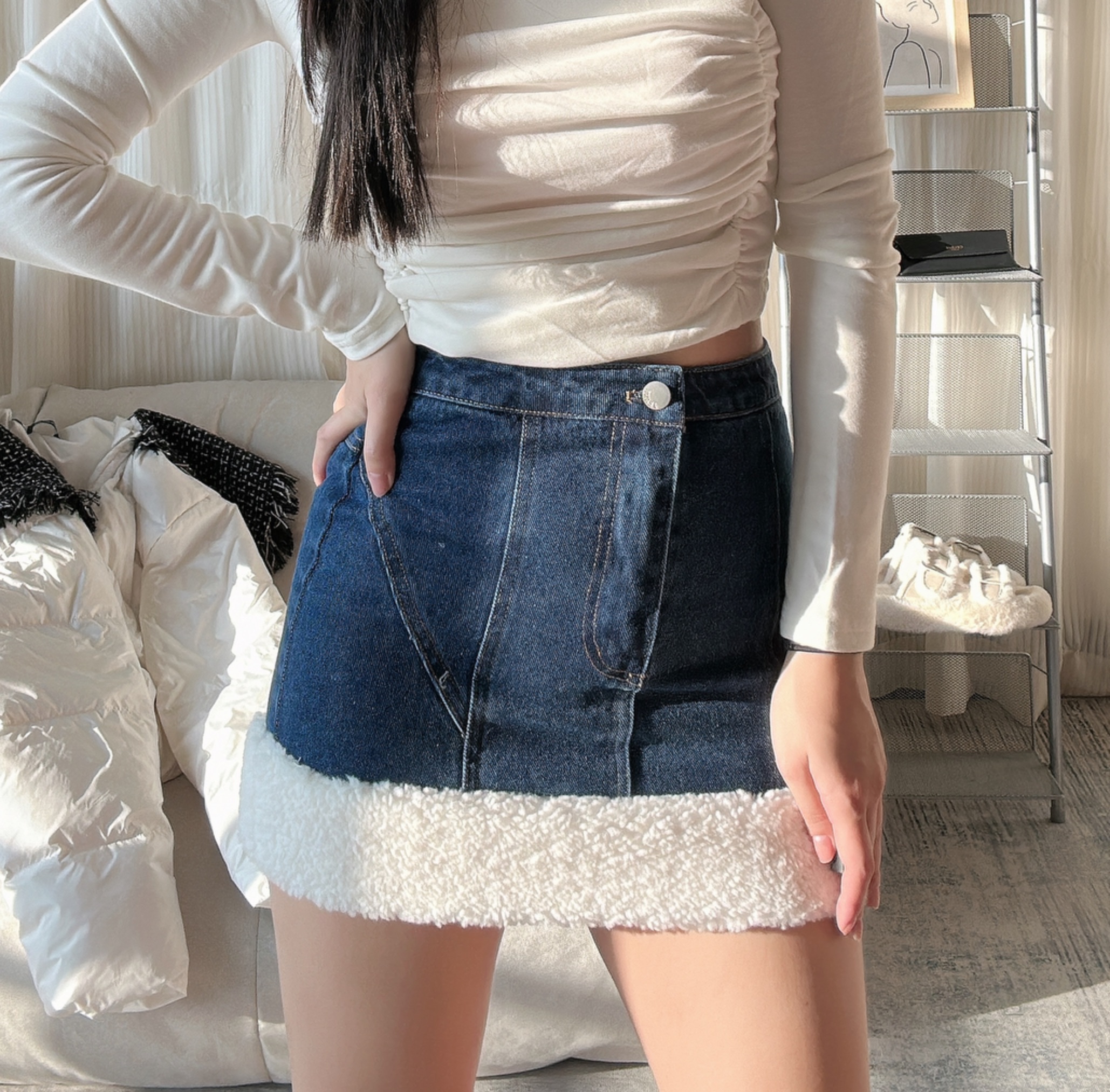 現貨*羊羔毛絨拼接牛仔裙（有內襯）