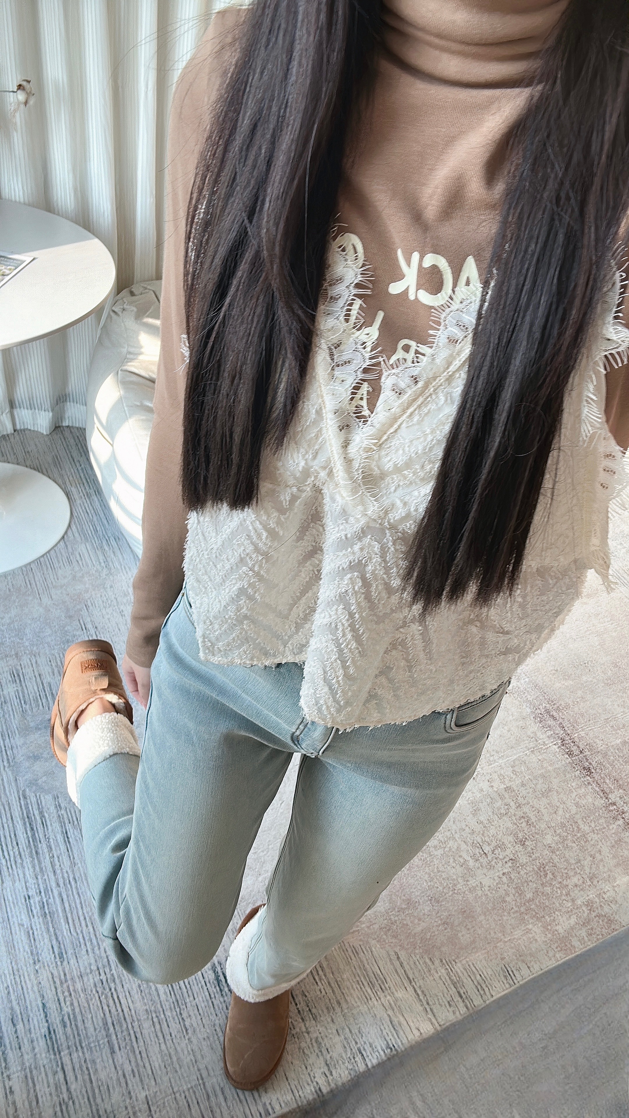 現貨*羊羔毛褲管拼接牛仔褲