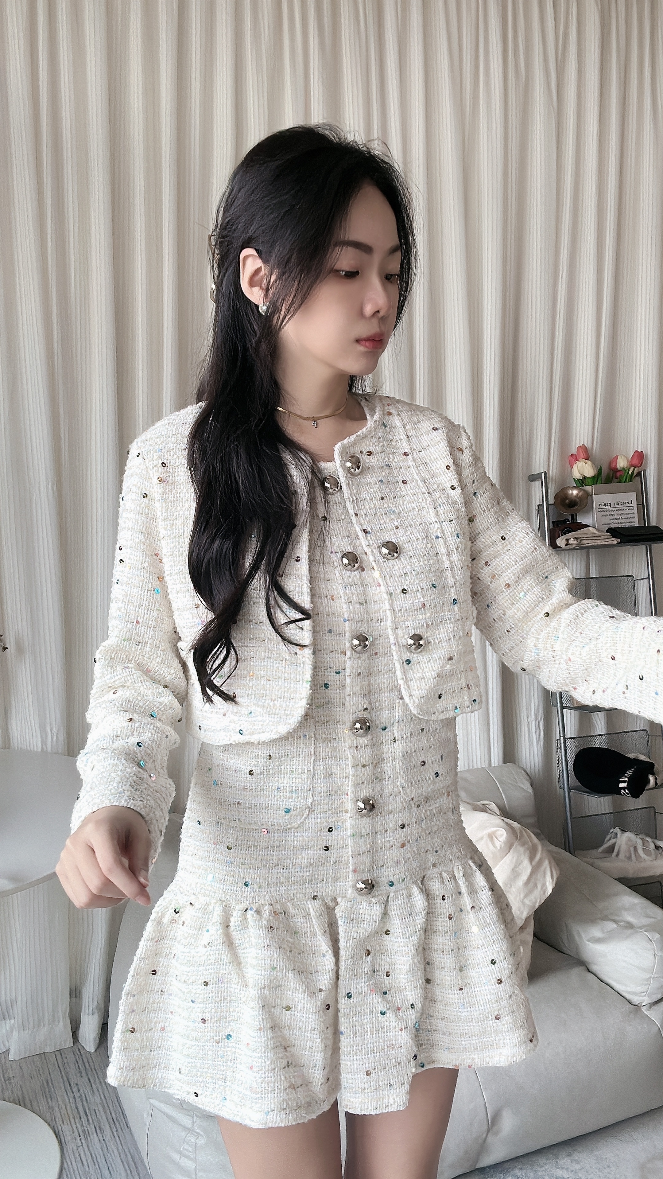 亮片小香風連身裙+小香外套