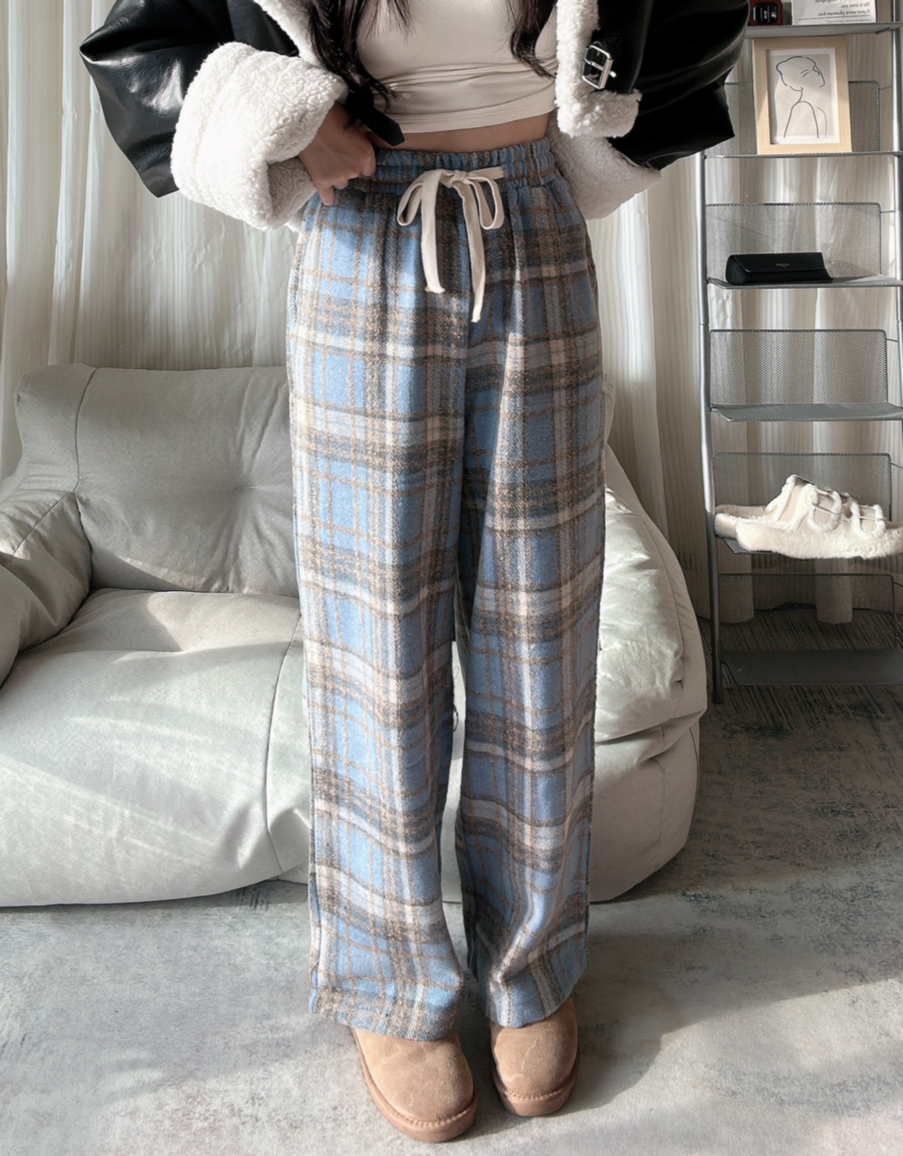 韓版毛呢款藍格子鬆緊衛褲