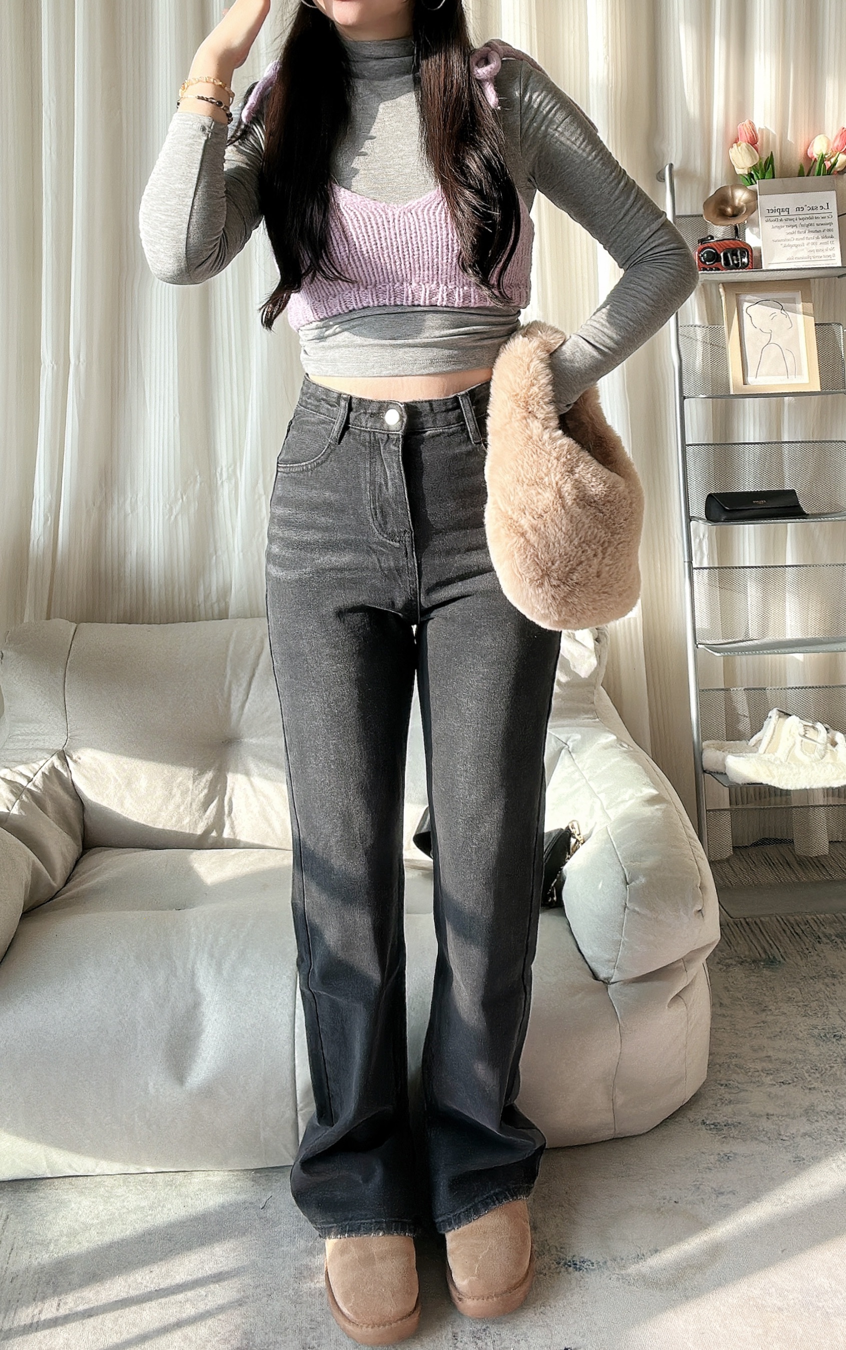 韓國款東大門直筒牛仔褲內開衩