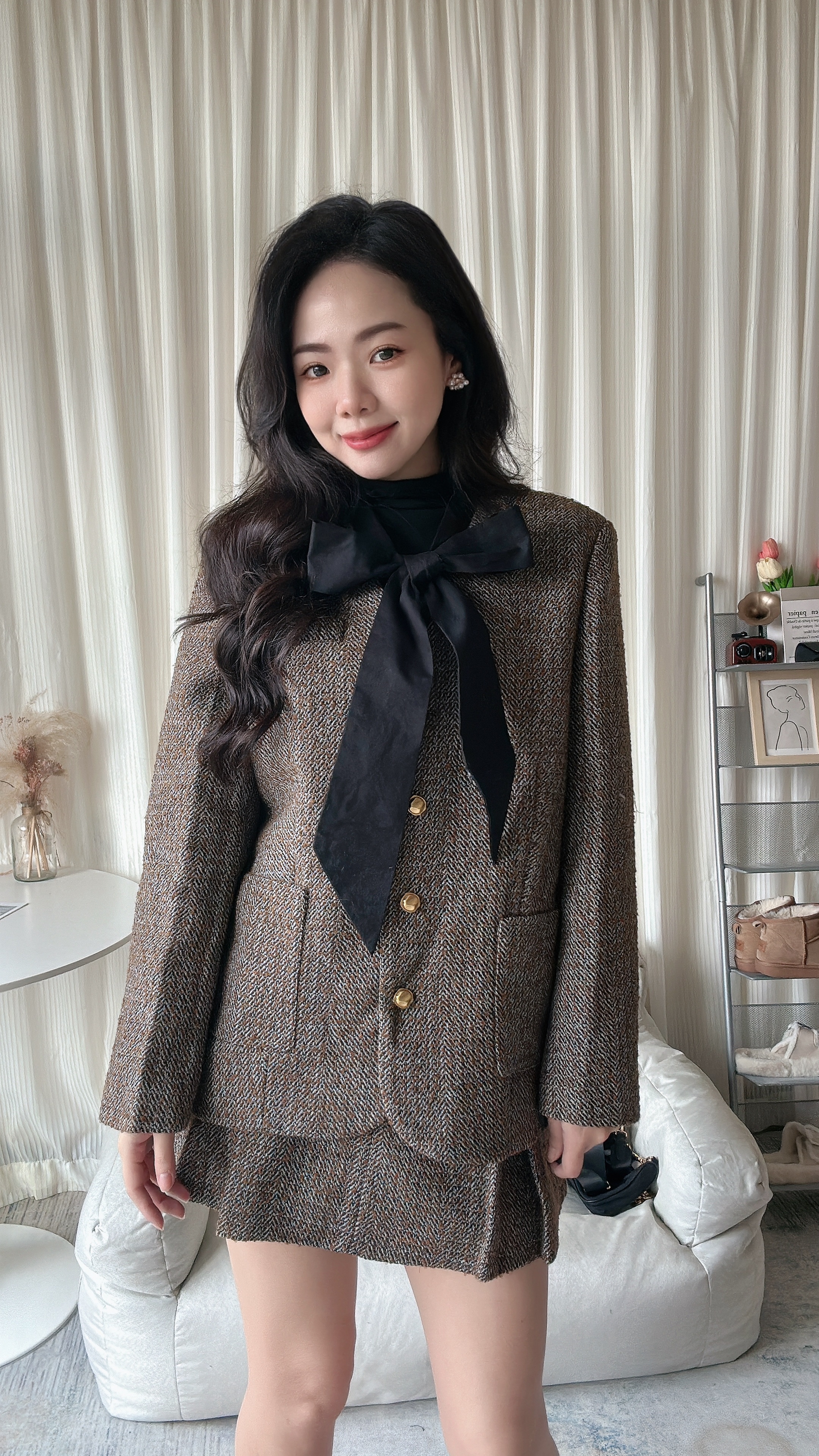 假兩件襯衫蝴蝶結白鴨絨外套+裙子套裝