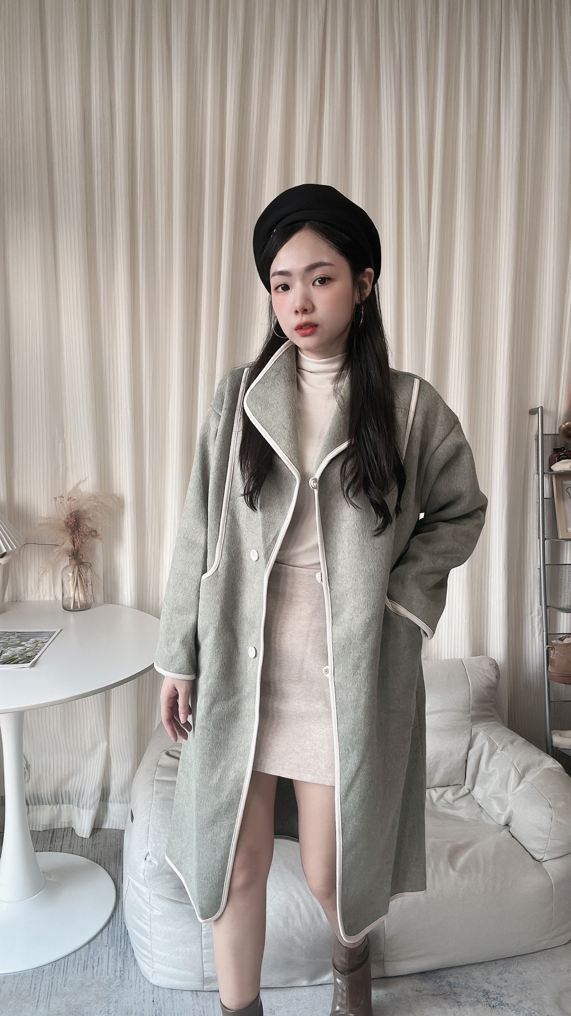 （強檔優惠）高訂款毛呢重磅材質撞色線條羊絨毛大衣