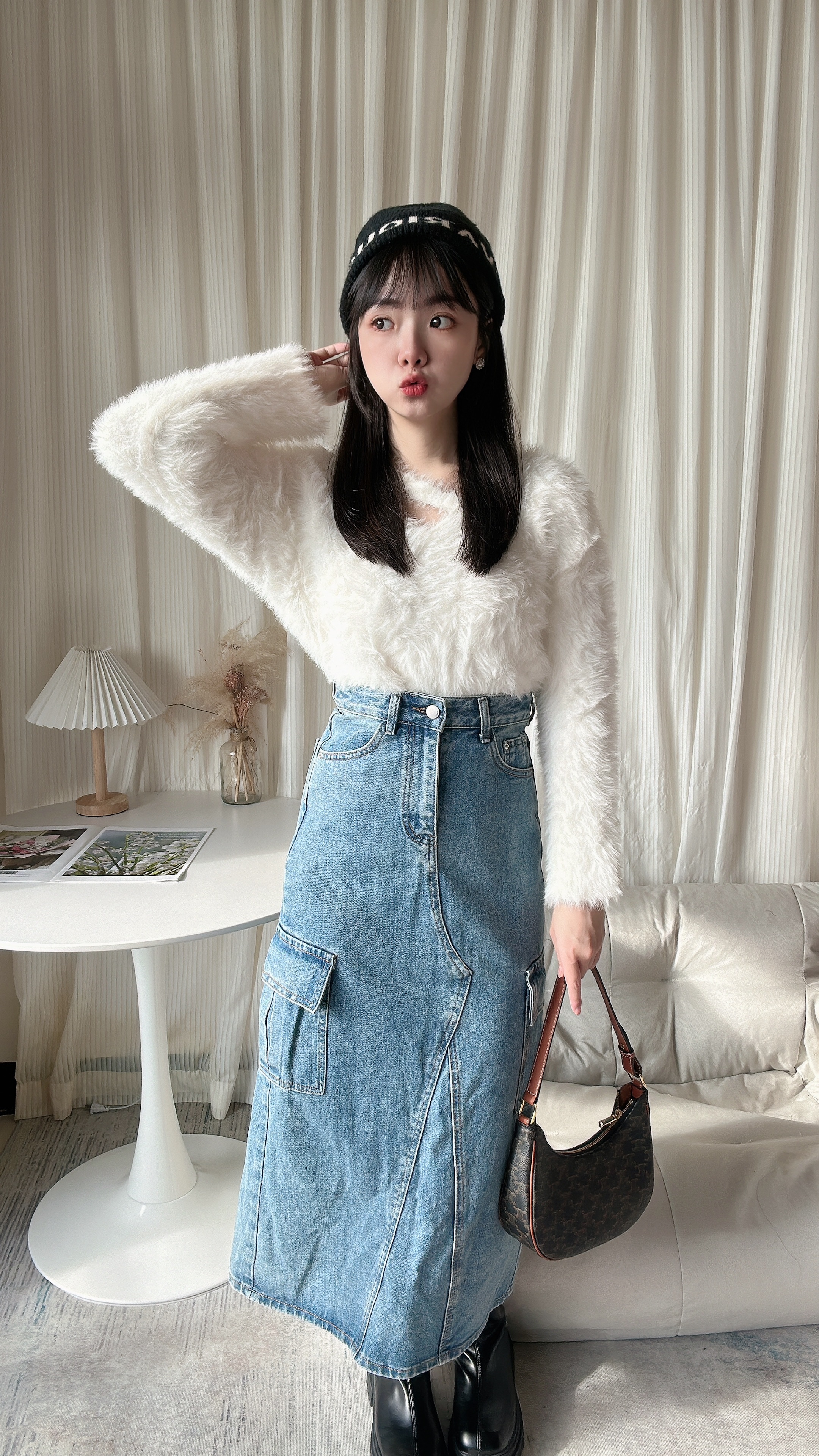 工裝款後開叉牛仔裙