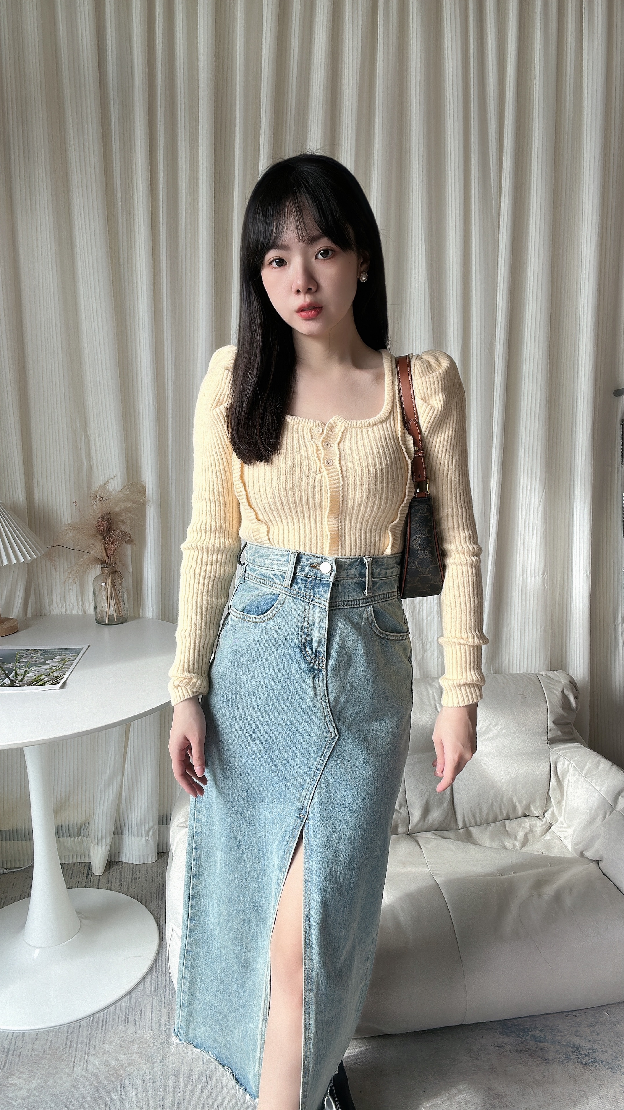 高腰前開叉牛仔裙