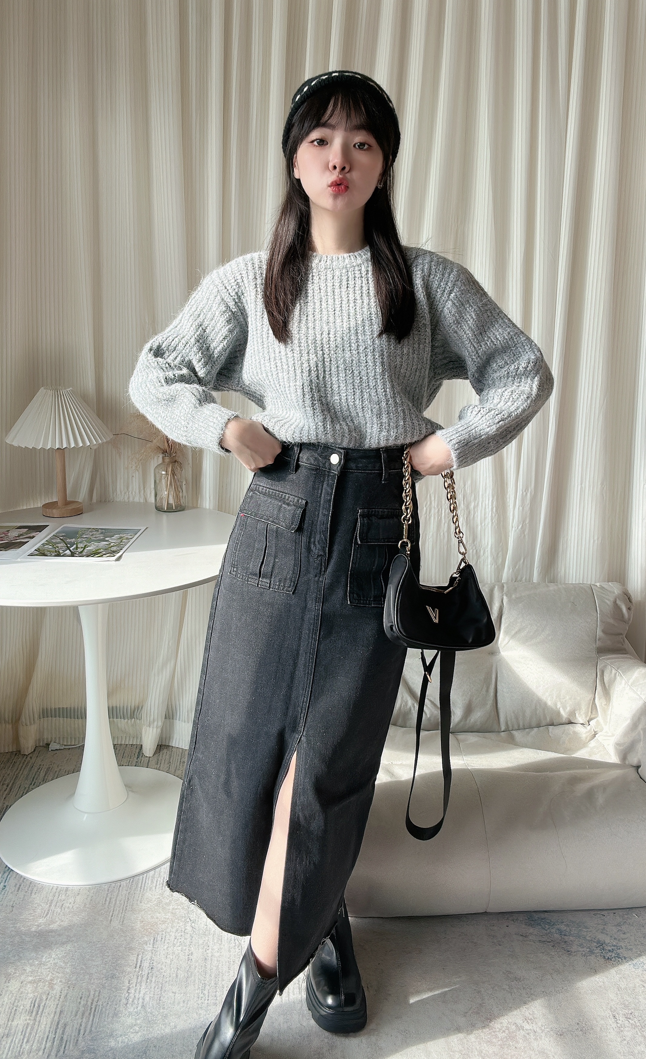 工裝款前開叉黑灰牛仔裙